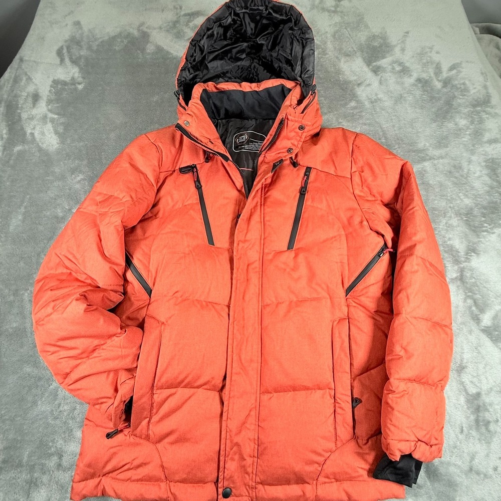 DOWN FKOW Men's XL Orange Ski Coat Quilted Puffer Insulated Removeable Hood - Picture 2 of 14